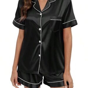 SHEIN Black Satin Short Pajama Set with White Piping